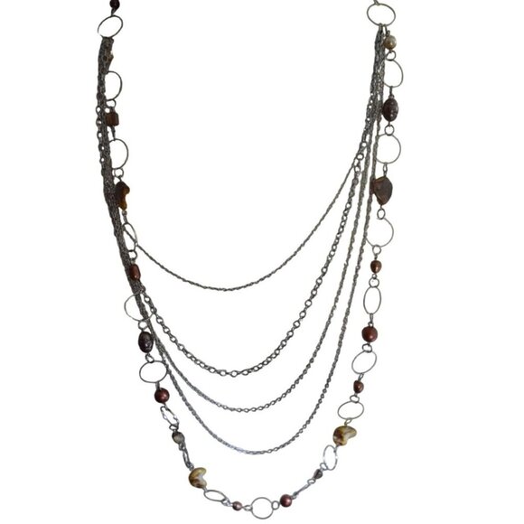 Multistrand Beaded Boho Glam Rope Length Necklace Brown Silver - Picture 3 of 8